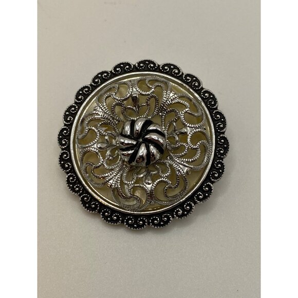 Vintage W. Germany Filigree Silver & Black Round Brooch Pin With Scalloped Edge - Picture 1 of 8